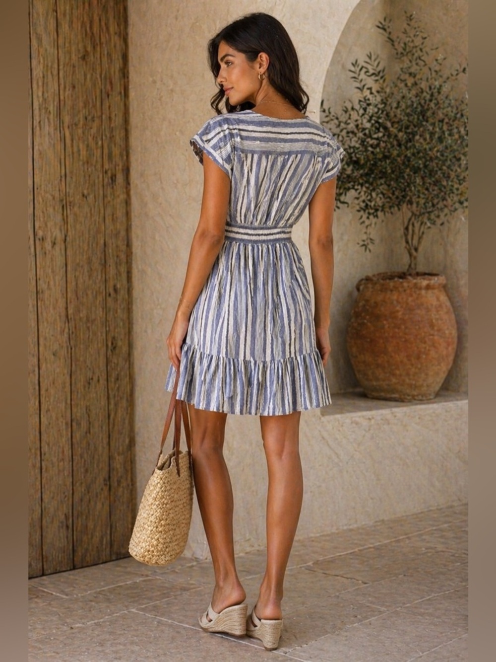 MICHAEL MICHAEL KORS Blue Smocked Ruffled Lined Striped Wrap Dress Large - Picture 2 of 13